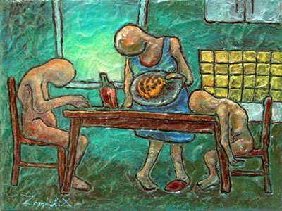 petite peinture d'un repas dominical chez les zombies