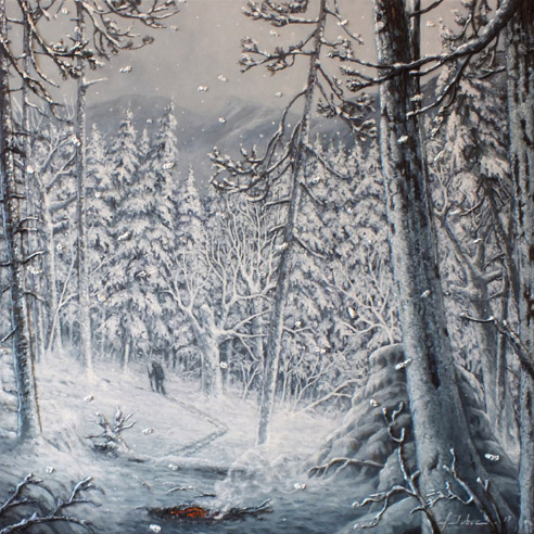 tableau d'un paysage d'hiver avec un marcheur