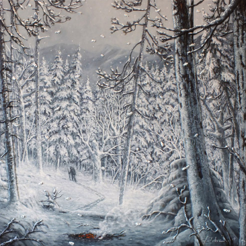 tableau d'un paysage d'hiver avec un marcheur