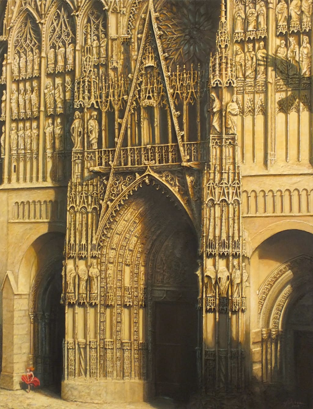 tableau de la facade de la cathdrale de rouen avec une marie en rouge