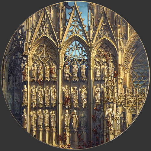 tondo représentant la cathedrale notre dame de rouen escaladée par des squelettes