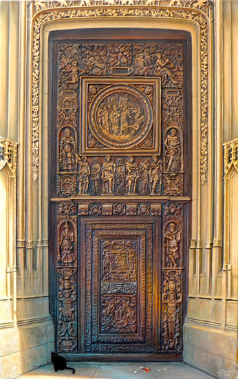 tableau d'une porte de l'eglise saint maclou de rouen avec un chat noir