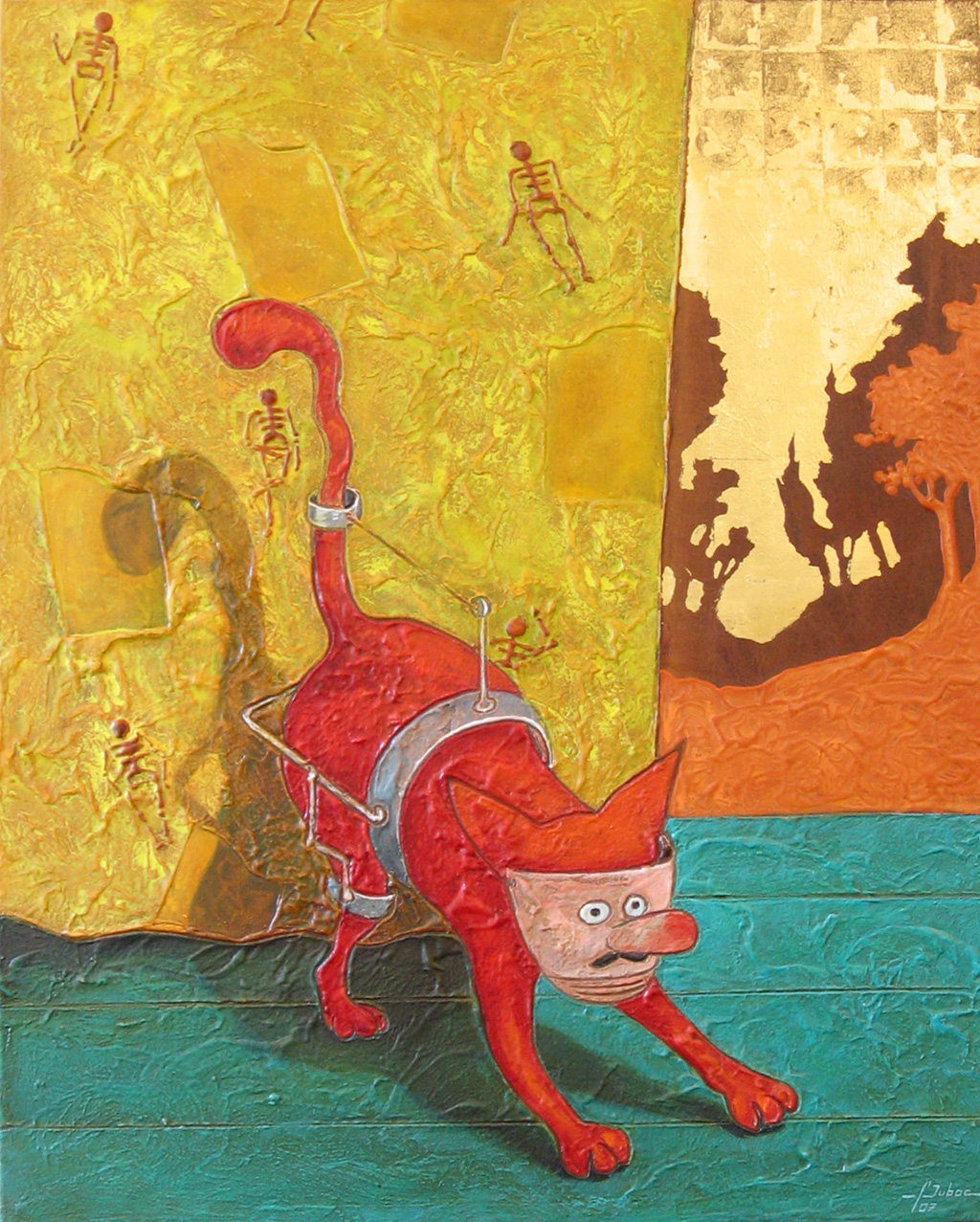 huile sur toile d'un chat poliomylite et masqu 