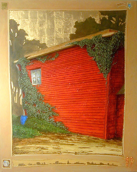 peinture d'une maison rouge en bois avec un ciel en feuille d'or