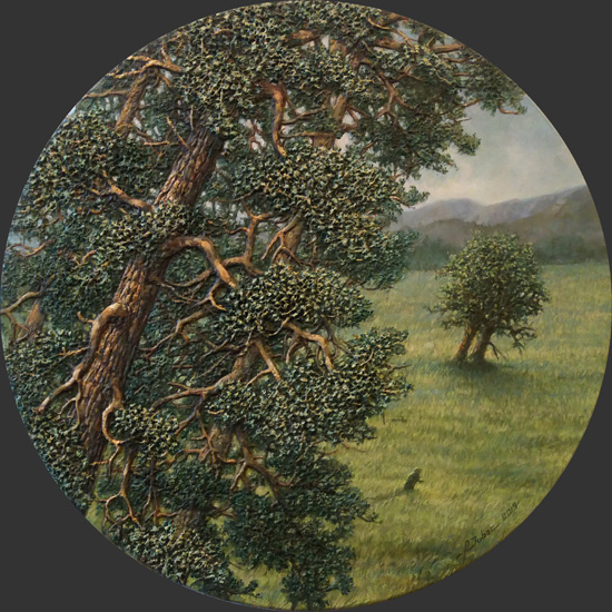 tableau d'un paysage avec un pin et un marcheur dans les champs
