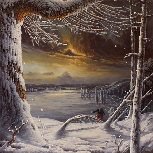 tableau d'un paysage d'hiver avec un zouave qui marche