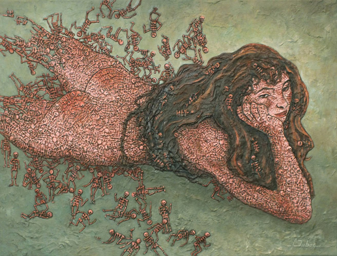 nu couché sur le ventre d'après un dessin d'egon schiele composé de petits squelettes