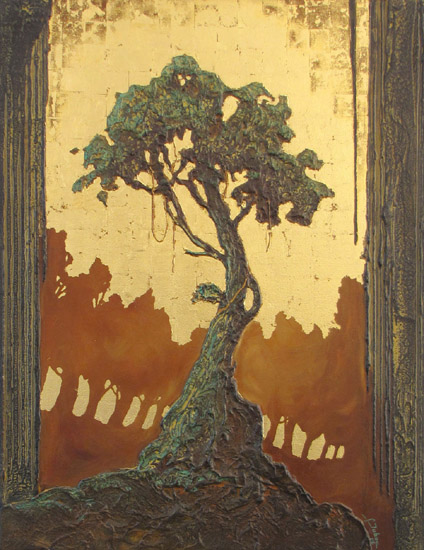 peinture d'un d'un arbre façon orientale avec un ciel en feuille d'or