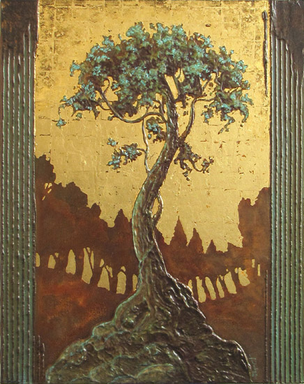 peinture d'un arbre façon orientale avec un ciel en feuille d'or