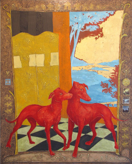 peinture de deux chiens rouges avec un ciel en feuille d'or