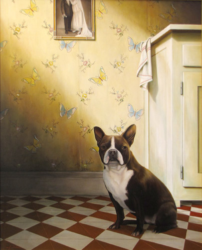 toile representant un dogue francais dans un intérieur