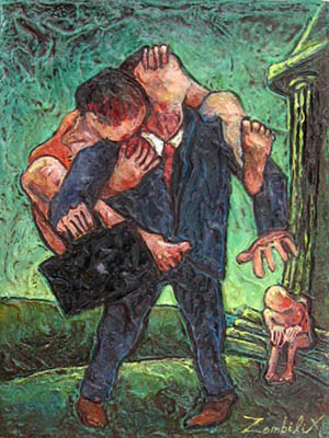 petit tableau d'un zombie devorant un trader