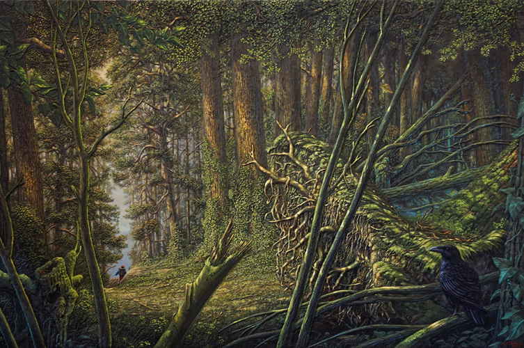 tableau d'une foret avec un zouave et un corbeau