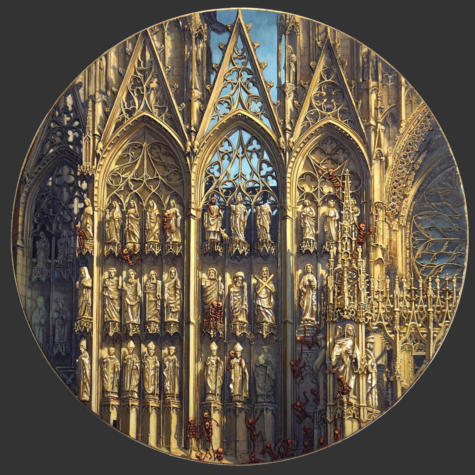 tondo repr�sentant la cathedrale notre dame de rouen escalad�e par des squelettes
