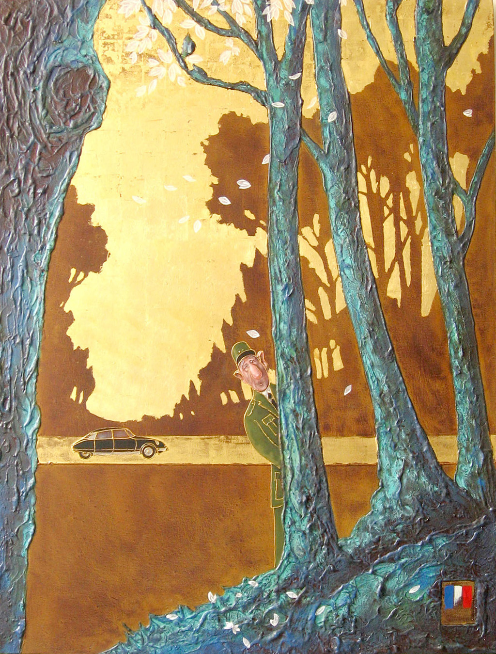 peinture du g�n�ral de gaulle et de sa ds citro�n ciel en feuille d'or
