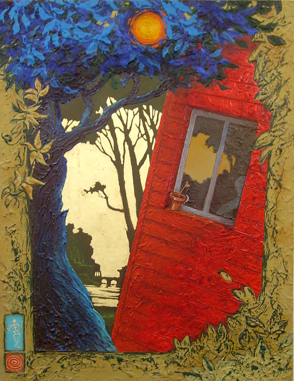 peinture d'un personnage s'ennuyant derri�re sa fen�tre avec un ciel en feuille d'or