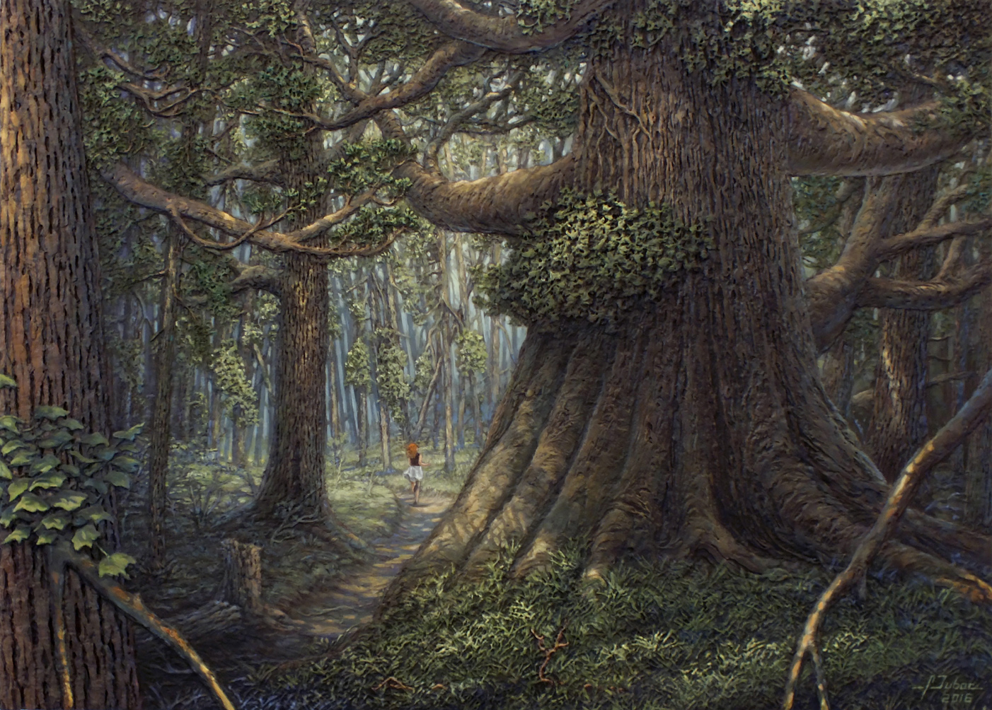 peinture d'un paysage avec un personnage qui fuit